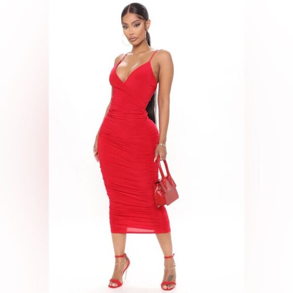 Fashion Nova Lynnea Ruched Midi Dress Red Small - Picture 1 of 6